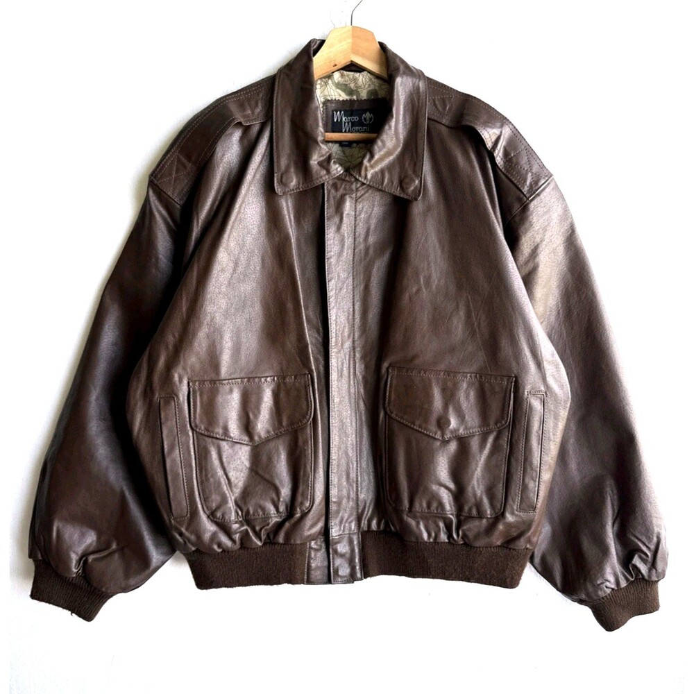 VTG 80s Marco Morani A-2 Brown Leather Bomber Jacket Map Lined Men's 2XL XXL - Picture 2 of 11